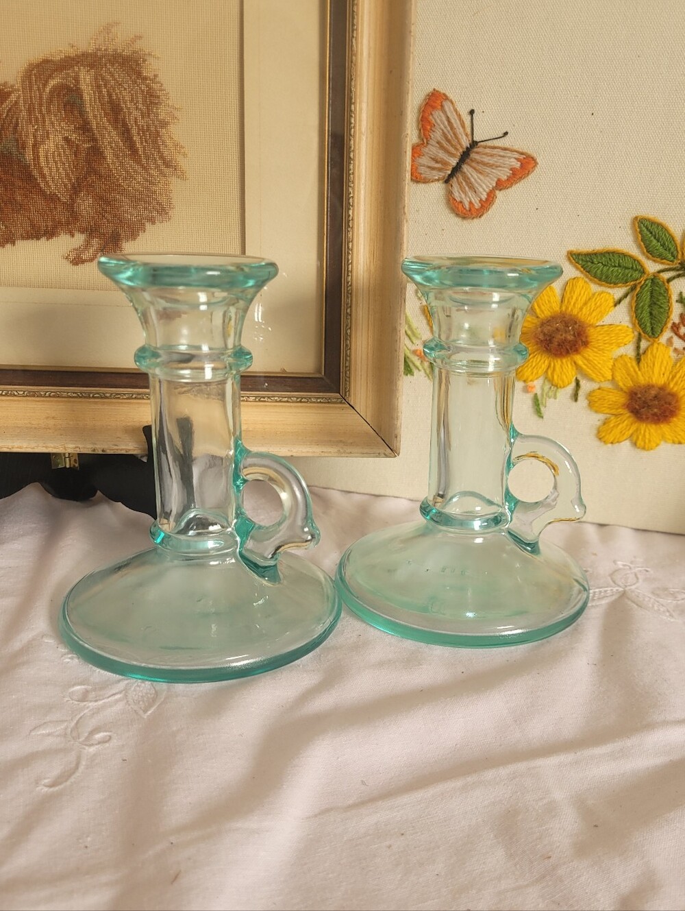 Vintage Aqua Glass Candlestick Holders - Pair Vetreria Etrusca in Italy